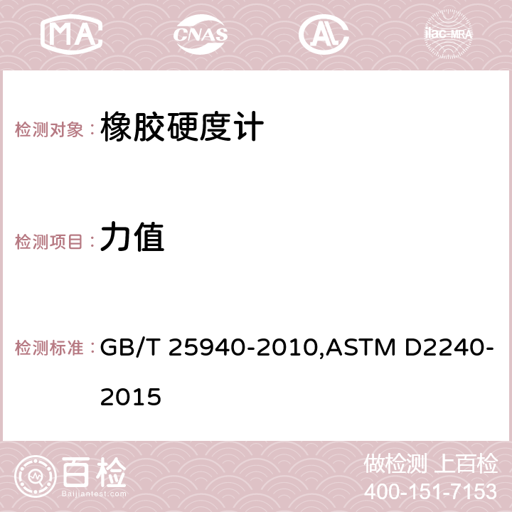 力值 胶硬度计用硬度计测定橡胶硬度的试验方法 GB/T 25940-2010,ASTM D2240-2015 4.5