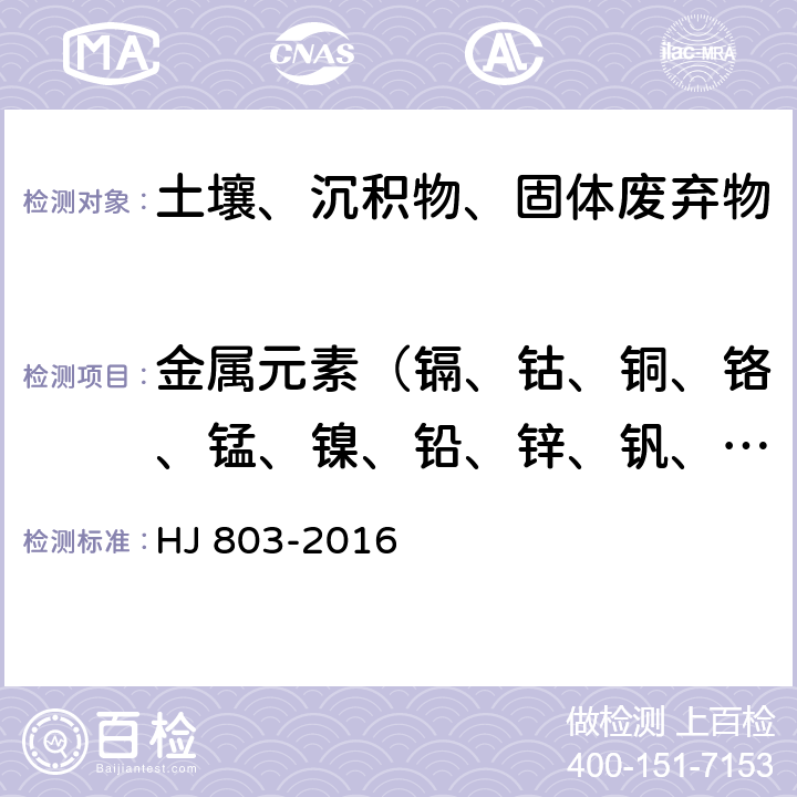 金属元素（镉、钴、铜、铬、锰、镍、铅、锌、钒、砷、钼、锑） 土壤和沉积物 12种金属元素的测定 王水提取-电感耦合等离子体质谱法 HJ 803-2016