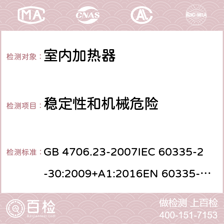 穩定性和機械危險 室內加熱器的特殊要求 GB 4706.23-2007
IEC 60335-2-30:2009+A1:2016
EN 60335-2-30:2009+A11:2012 
AS/NZS 60335.2.30:2015 
AS/NZS 60335.2.30:2015/Amdt 2:2017 20