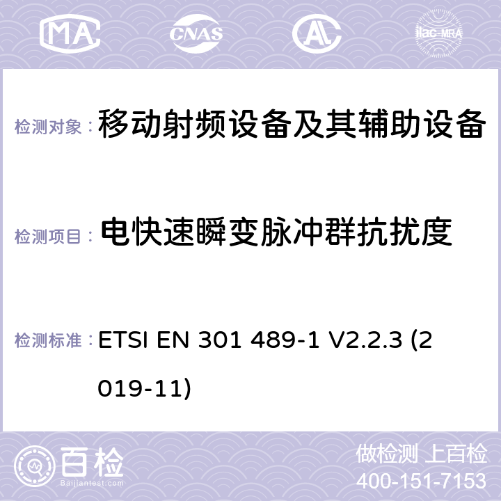 电快速瞬变脉冲群抗扰度 电磁兼容性和射频频谱问题（ERM）; 射频设备和服务的电磁兼容性（EMC）标准;第1部分:通用技术要求 ETSI EN 301 489-1 V2.2.3 (2019-11) 9.4