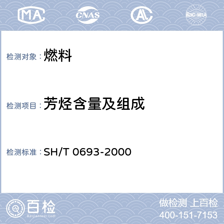芳烃含量及组成 汽油中芳烃含量测定法（气相色谱法） SH/T 0693-2000