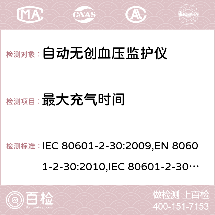 最大充气时间 医用电气设备 第2-30部分：自动无创血压监护仪基本安全与基本性能专用要求 IEC 80601-2-30:2009,EN 80601-2-30:2010,IEC 80601-2-30:2009+A1:2013,EN 80601-2-30:2010+A1:2015,ANSI/AAMI/IEC 80601-2-30:2009+A1:2013 201.104