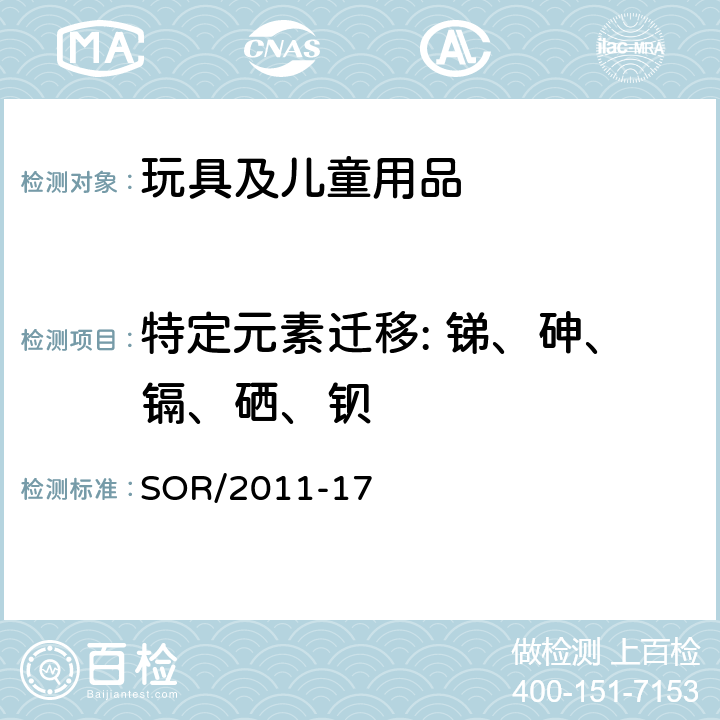 特定元素迁移: 锑、砷、镉、硒、钡 加拿大消费品安全法案玩具法规 SOR/2011-17 条款23表面涂层中的特定物质(b)