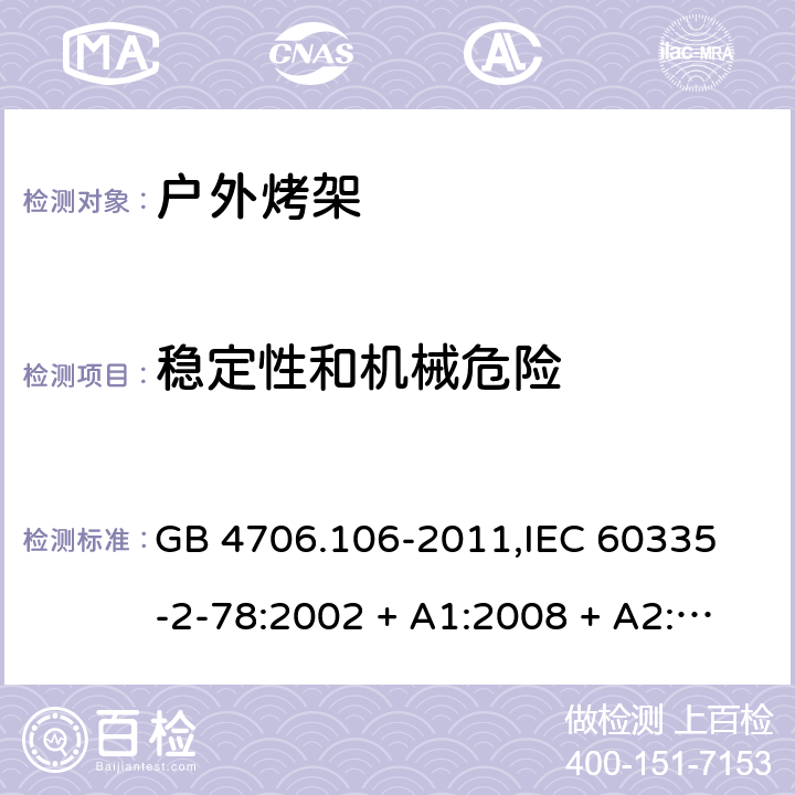 稳定性和机械危险 家用和类似用途电器的安全 户外使用烧烤架的特殊要求 GB 4706.106-2011,
IEC 60335-2-78:2002 + A1:2008 + A2:2019,
EN 60335-2-78:2003 + A1:2008 + A11:2020,
AS/NZS 60335.2.78:2019,
BS EN 60335-2-78:2003 + A1:2008 + A11:2020 20