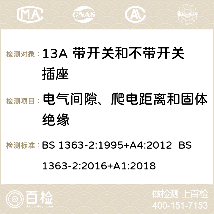 电气间隙、爬电距离和固体绝缘 13A插头，插座，转换器和连接器 第2部分：13A带开关和不带开关插座规范 BS 1363-2:1995+A4:2012 BS 1363-2:2016+A1:2018 8