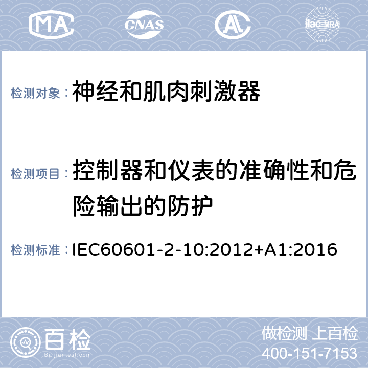 控制器和仪表的准确性和危险输出的防护 医疗电气设备.第2-10部分:神经和肌肉刺激器基本安全和基本性能的特殊要求 IEC60601-2-10:2012+A1:2016 201.12