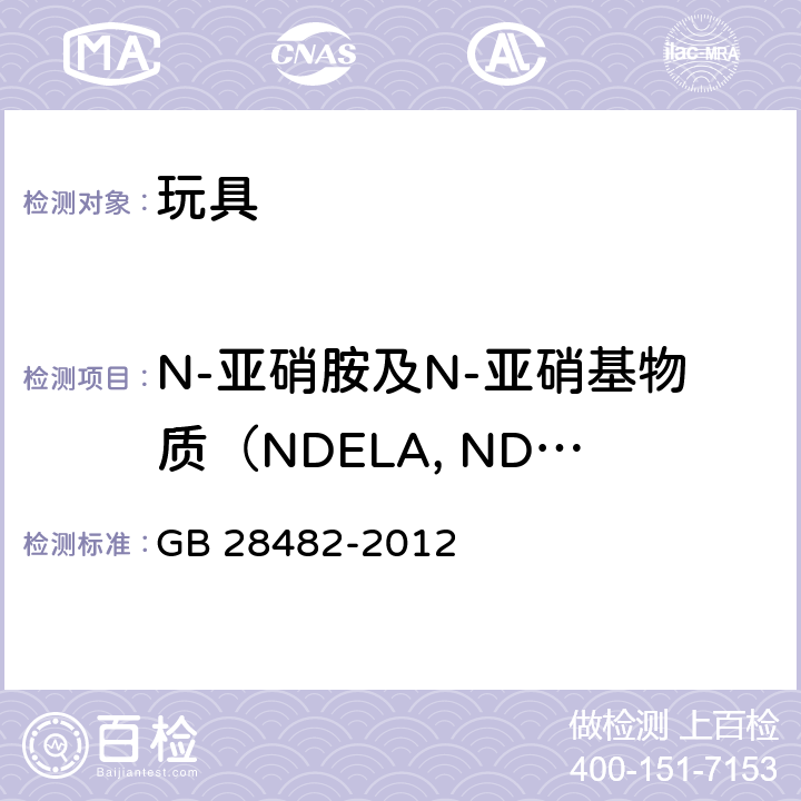 N-亚硝胺及N-亚硝基物质（NDELA, NDMA, NDEA, NDPA, NDiPA, NDBA, NDiBA, NDiNA, NMOR, NPIP, NDBzA, NMPhA, NEPhA,NPYR, NDBA, ） 婴幼儿安抚奶嘴安全要求 GB 28482-2012 8.6，9.4，附录D