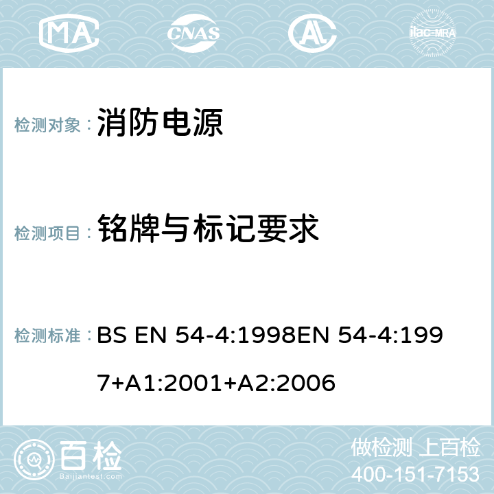 铭牌与标记要求 BS EN 54-4:1998 火灾探测和报警系统 - 第4部分：供电设备 
EN 54-4:1997+A1:2001+A2:2006 8