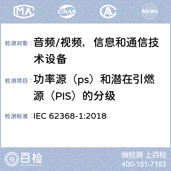 功率源（ps）和潛在引燃源（PIS）的分級(jí) 音頻/視頻，信息和通信技術(shù)設(shè)備 - 第1部分：安全要求 IEC 62368-1:2018 6.2