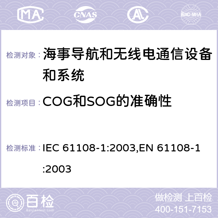 COG和SOG的准确性 海上导航和无线电通信设备和系统－全球导航卫星系统（GNSS）－第1部分：全球定位系统（GPS）－接收机设备性能标准，测试方法和要求的测试结果 IEC 61108-1:2003,EN 61108-1:2003 5.6.13