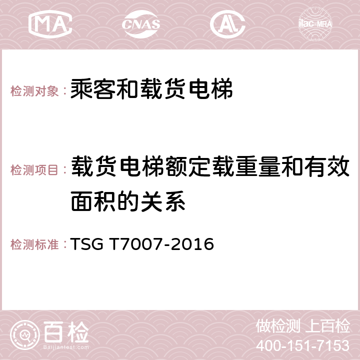 载货电梯额定载重量和有效面积的关系 电梯型式试验规则及第1号修改单 附件H 乘客和载货电梯型式试验要求 TSG T7007-2016 H6.6.1.3