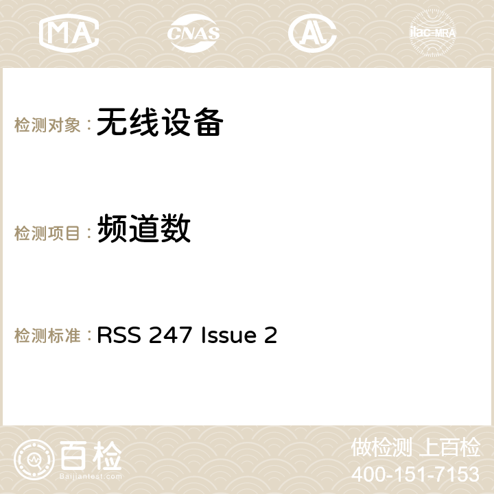 频道数 RSS 247 ISSUE 无线设备 RSS 247 Issue 2 15.247(b)(1)