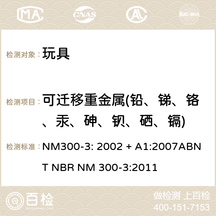 可迁移重金属(铅、锑、铬、汞、砷、钡、硒、镉) NM300-3: 2002 + A1:2007
ABNT NBR NM 300-3:2011 巴西法令编号563(2016,12,29) ,玩具安全性 第3部分：特定元素的迁移 (巴西) NM300-3: 2002 + A1:2007
ABNT NBR NM 300-3:2011
