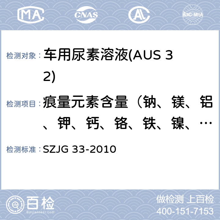 痕量元素含量（钠、镁、铝、钾、钙、铬、铁、镍、铜、锌） JG 33-2010 车用尿素溶液(AUS 32) SZ 5.8