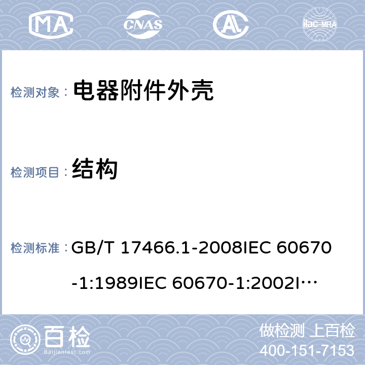 结构 家用和类似用途固定式电气装置电器附件 安装盒和外壳 第1部分：通用要求 GB/T 17466.1-2008
IEC 60670-1:1989
IEC 60670-1:2002
IEC 60670-1:2011 12