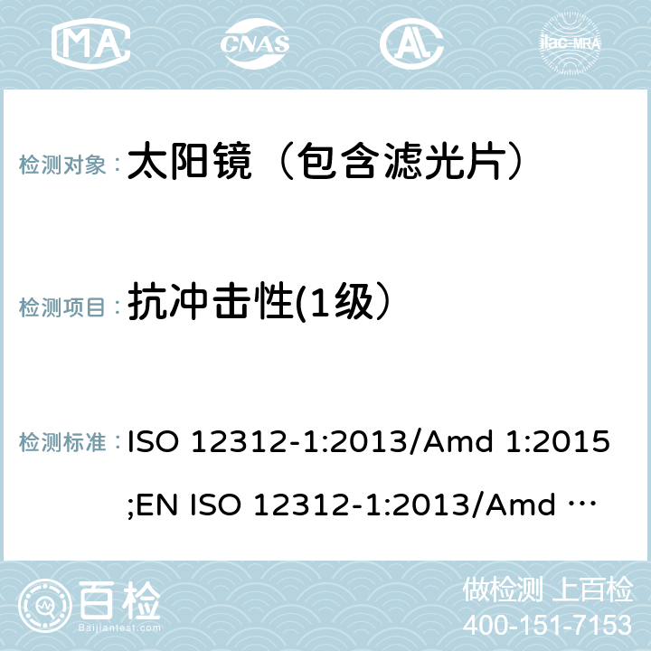 抗冲击性(1级） ISO 12312-1:2013 眼面部防护-太阳镜及相关护目镜-第1部分：通用太阳镜 ISO 12312-1:2013/Amd 1:2015;
EN ISO 12312-1:2013/Amd 1:2015 7.3