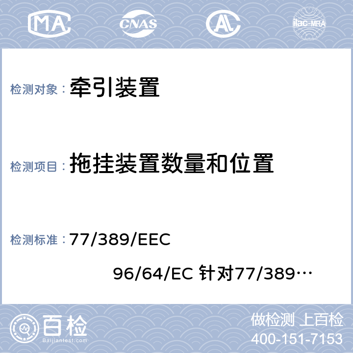 拖挂装置数量和位置 77/389/EEC 在机动车辆牵引装置方面协调统一各成员国法律的理事会指令 96/64/EC 针对77/391/EEC的修改 77/389/EEC 96/64/EC 针对77/389/EEC的修改 1（附录II）