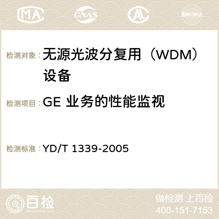 GE 业务的性能监视 城市光传送网波分复用（WDM）环网测试方法 YD/T 1339-2005