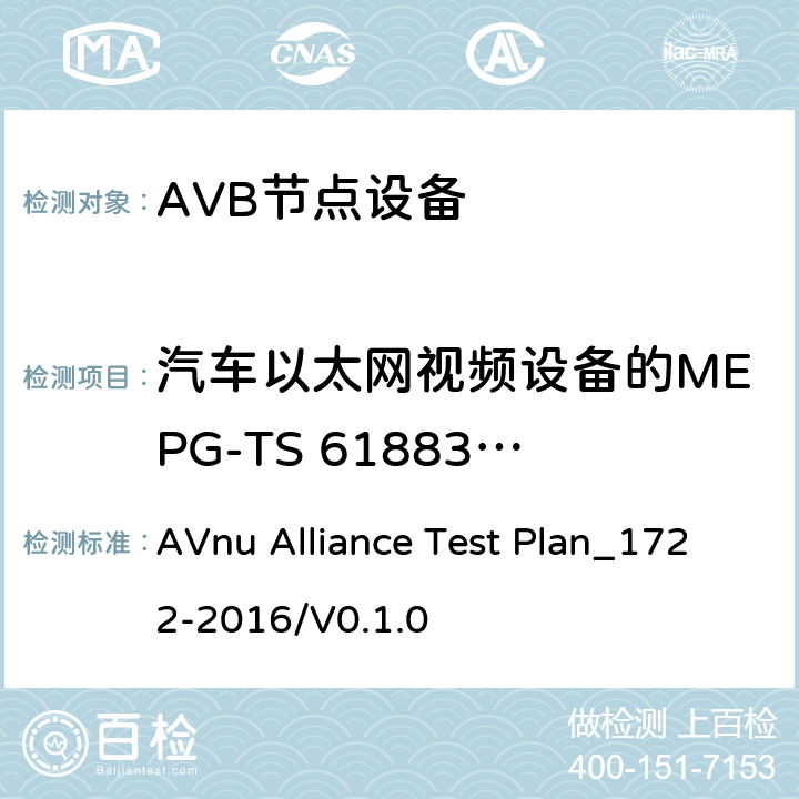 汽车以太网视频设备的MEPG-TS 61883-4 视频格式 媒体格式和流量预留等级的节点测试方法 AVnu Alliance Test Plan_1722-2016/V0.1.0 SECTION Auto.MPGTS.c