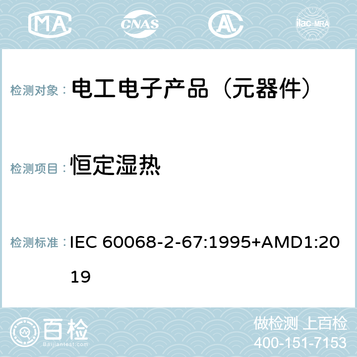 恒定湿热 环境试验 第2-67部分:试验 试验Cy:稳态湿热加速试验(主要用于元件) IEC 60068-2-67:1995+AMD1:2019
