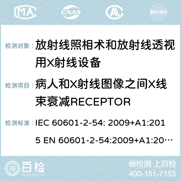 病人和X射线图像之间X线束衰减RECEPTOR IEC 60601-2-29-2008 医用电气设备 第2-29部分:放射治疗模拟机的基本安全和基本性能专用要求