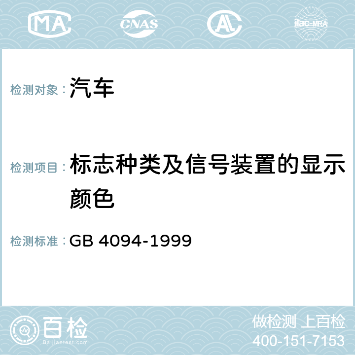 标志种类及信号装置的显示颜色 汽车操纵件、指示器及信号装置的标志 GB 4094-1999 5.1.19