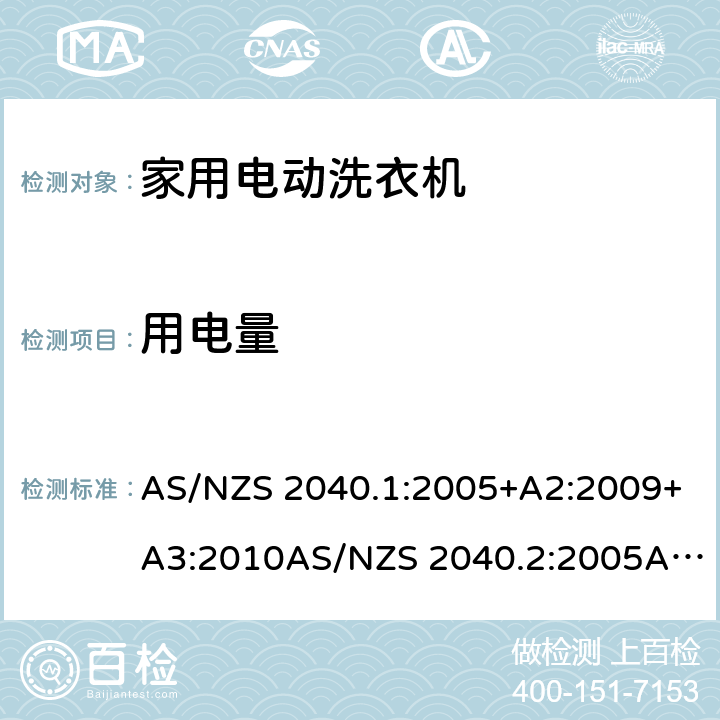 用电量 AS/NZS 2040.1 澳洲、新西兰 家用洗衣机性能、能耗水耗测试方法 :2005+A2:2009+A3:2010AS/NZS 2040.2:2005AS/NZS 6400:2005