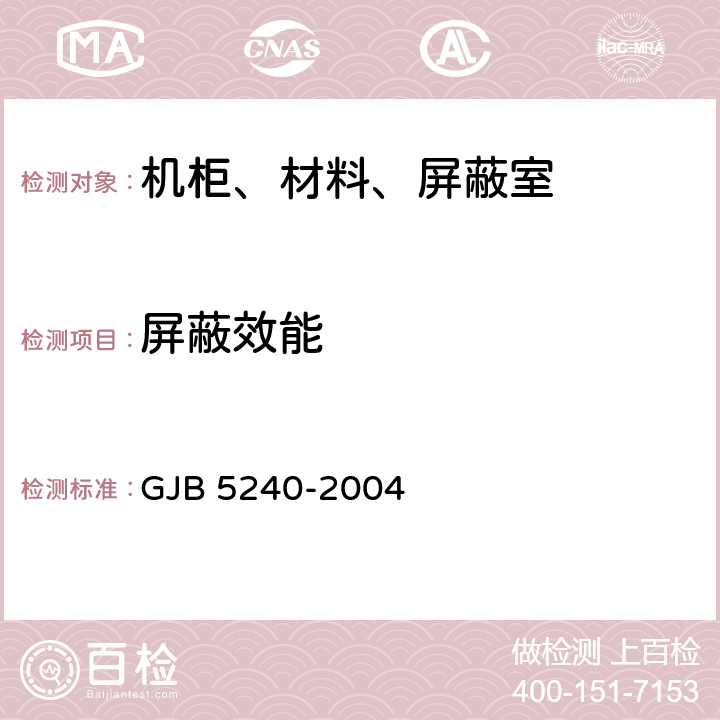 屏蔽效能 《军用电子装备通用机箱、机柜屏蔽效能要求和测试方法》 GJB 5240-2004 6.3、6.4