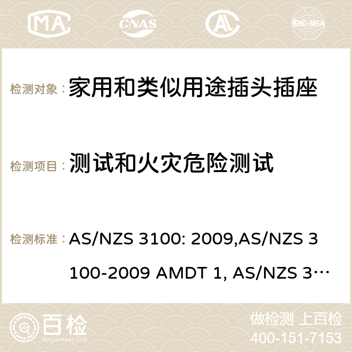 测试和火灾危险测试 认可和试验规范——电气产品通用要求 AS/NZS 3100: 2009,
AS/NZS 3100-2009 AMDT 1, 
AS/NZS 3100-2009 AMDT 2, 
AS/NZS 3100-2009 AMDT 3, 
AS/NZS 3100:2009 Amd 4:2015, 
AS/NZS 3100:2017, 
AS/NZS 3100:2017 Amd 1:2017 cl.8.12