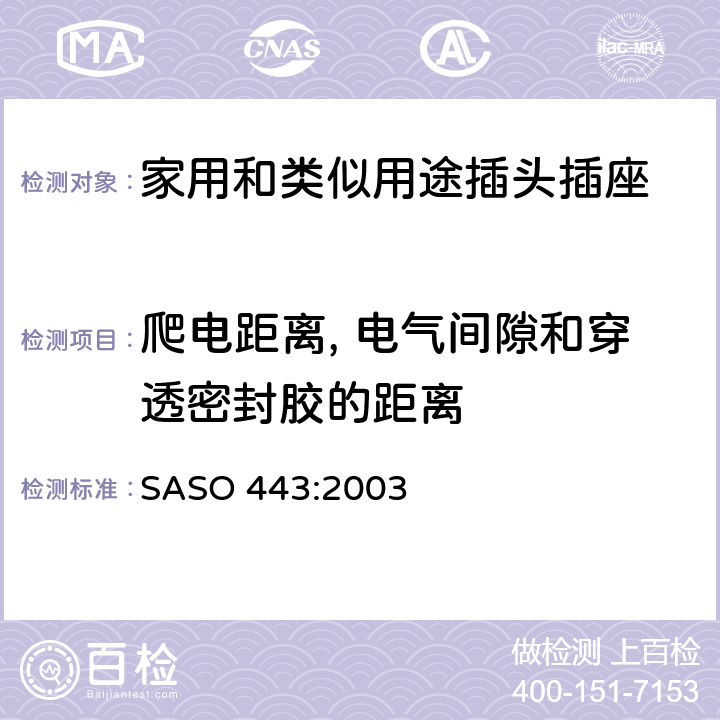 爬電距離, 電氣間隙和穿透密封膠的距離 家用和類似用途的插頭插座的測試方法 SASO 443:2003 5