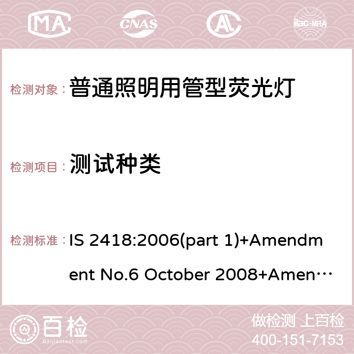 测试种类 普通照明用管型荧光灯的印度标准规格 第一部分 要求和试验 IS 2418:2006(part 1)+Amendment No.6 October 2008+Amendment No.7 October 2010+ Amendment No.8 September 2012 6.1