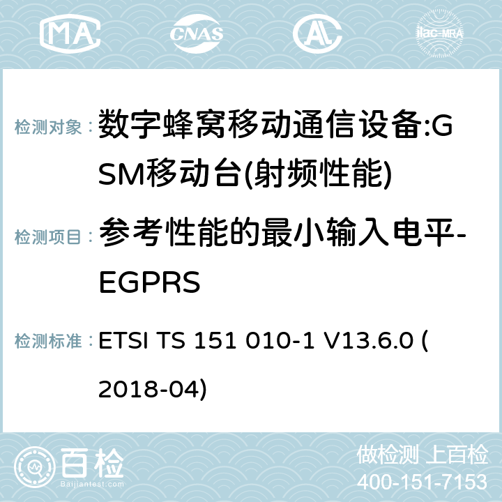 参考性能的最小输入电平-EGPRS 数字蜂窝通信系统(2 +阶段)(GSM);移动台(MS)一致性规范;第1部分:一致性规范(3 gpp TS 51.010 - 1版本13.6.0发布13) ETSI TS 151 010-1 V13.6.0 (2018-04) 14.18.1