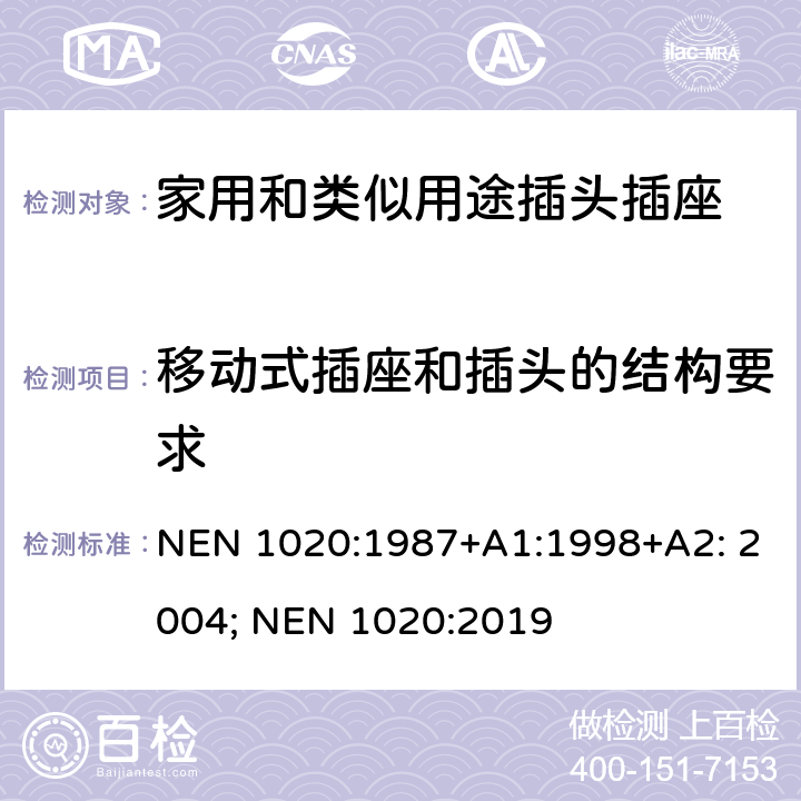 移动式插座和插头的结构要求 家用和类似用途插头插座 NEN 1020:1987+A1:1998+A2: 2004; NEN 1020:2019 14