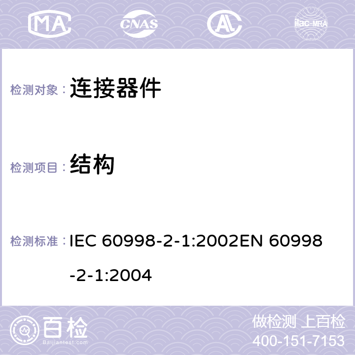 结构 家用和类似用途低压电路用的连接器件 第2部分：作为独立单元的带螺纹型夹紧件的连接器件的特殊要求 IEC 60998-2-1:2002
EN 60998-2-1:2004 11