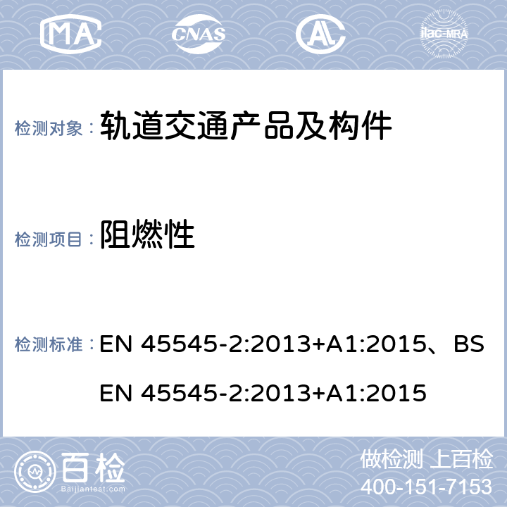 阻燃性 轨道车辆-轨道车辆防火保护 第2部分：材料和部件燃烧性能要求 EN 45545-2:2013+A1:2015、BS EN 45545-2:2013+A1:2015