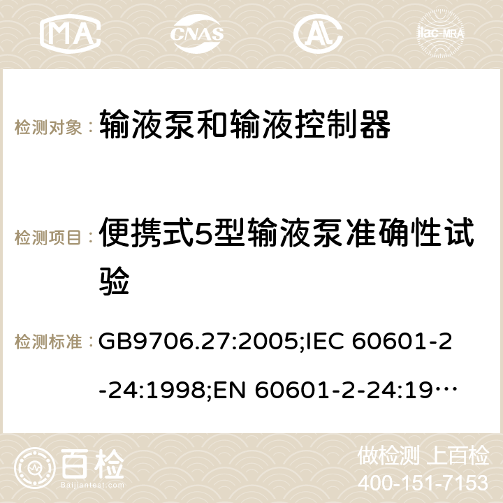 便携式5型输液泵准确性试验 医用电气设备 第2-24部分：输液泵和输液控制器安全专用要求 GB9706.27:2005;
IEC 60601-2-24:1998;
EN 60601-2-24:1998 50.108