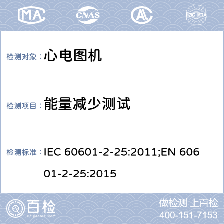 能量减少测试 医用电气设备 第2-25部分：心电图机安全专用要求 IEC 60601-2-25:2011;
EN 60601-2-25:2015 201.8.5.5.2