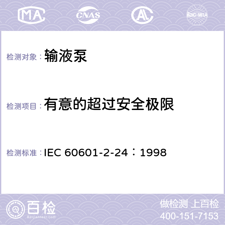 有意的超过安全极限 医用电气设备 第2-24部分：输液泵和输液控制器安全专用要求 IEC 60601-2-24：1998 51.1