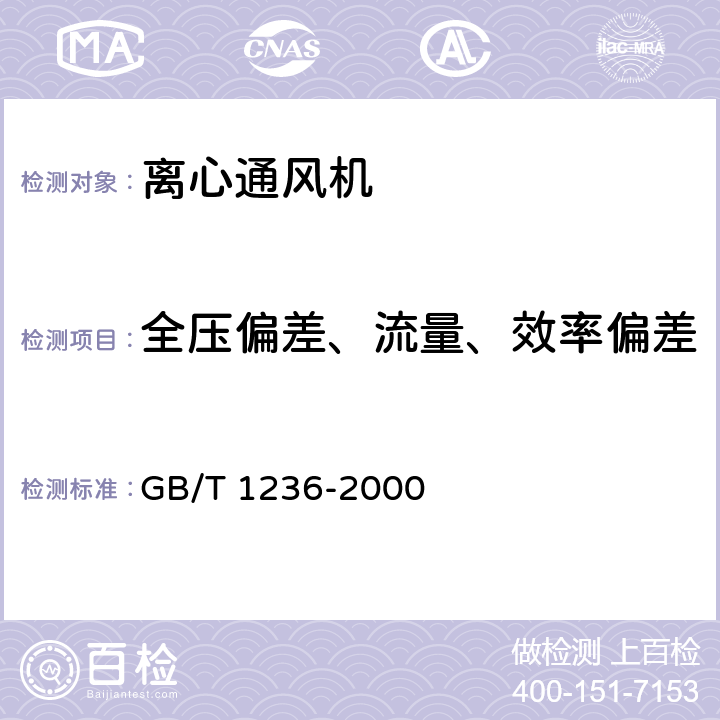 全压偏差、流量、效率偏差 《工业通风机 用标准化风道进行性能试验》 GB/T 1236-2000