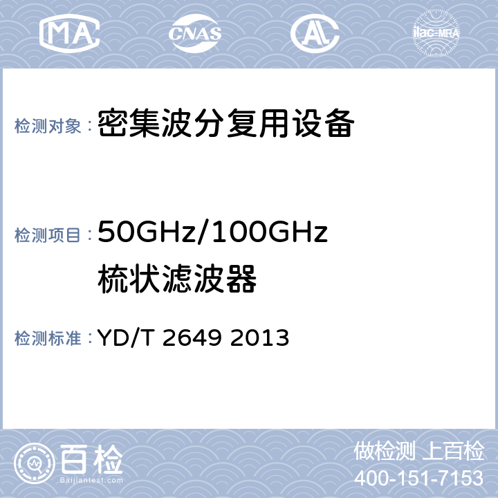 50GHz/100GHz梳状滤波器 N×100Gbit/s光波分复用（WDM）系统测试方法 YD/T 2649 2013