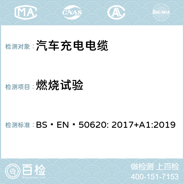燃烧试验 BS EN 50620:2017 电缆-汽车充电电缆 BS EN 50620: 2017+A1:2019 表5