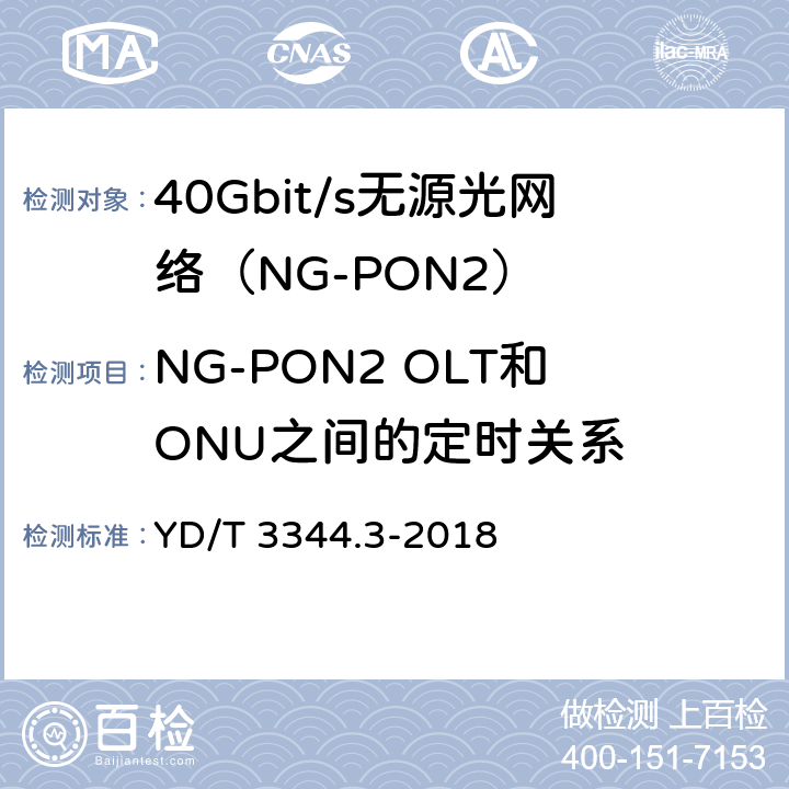 NG-PON2 OLT和ONU之间的定时关系 接入网技术要求 40Gbit/s无源光网络（NG-PON2） 第3部分：TC层 YD/T 3344.3-2018 12　