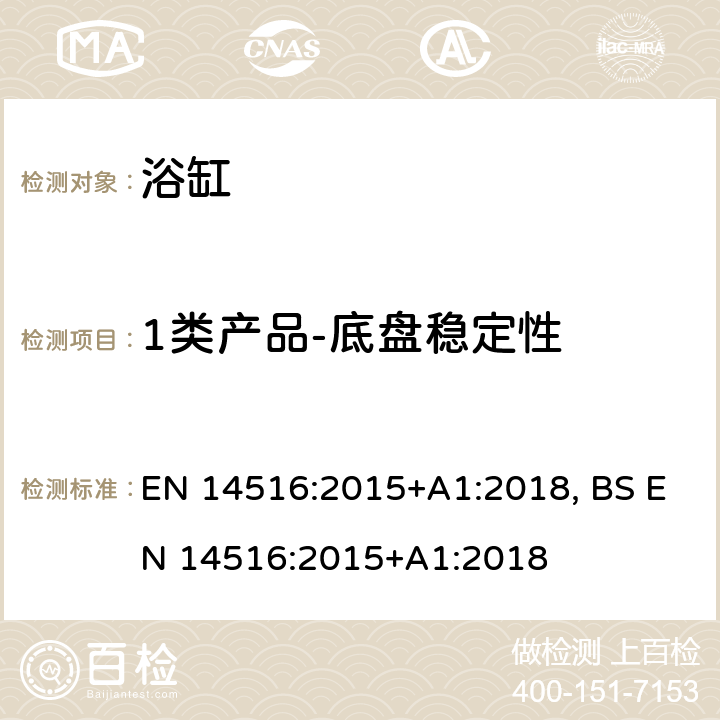 1类产品-底盘稳定性 家用浴缸 EN 14516:2015+A1:2018, BS EN 14516:2015+A1:2018 5.3.2, 8.1