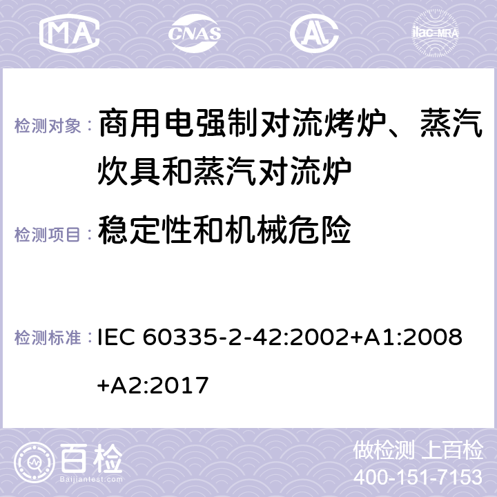 稳定性和机械危险 家用和类似用途电器的安全 商用电强制对流烤炉、蒸汽炊具和蒸汽对流炉的特殊要求 IEC 60335-2-42:2002+A1:2008+A2:2017 20