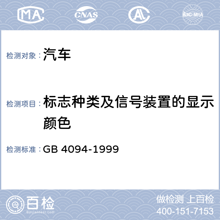 标志种类及信号装置的显示颜色 汽车操纵件、指示器及信号装置的标志 GB 4094-1999 5.2.7