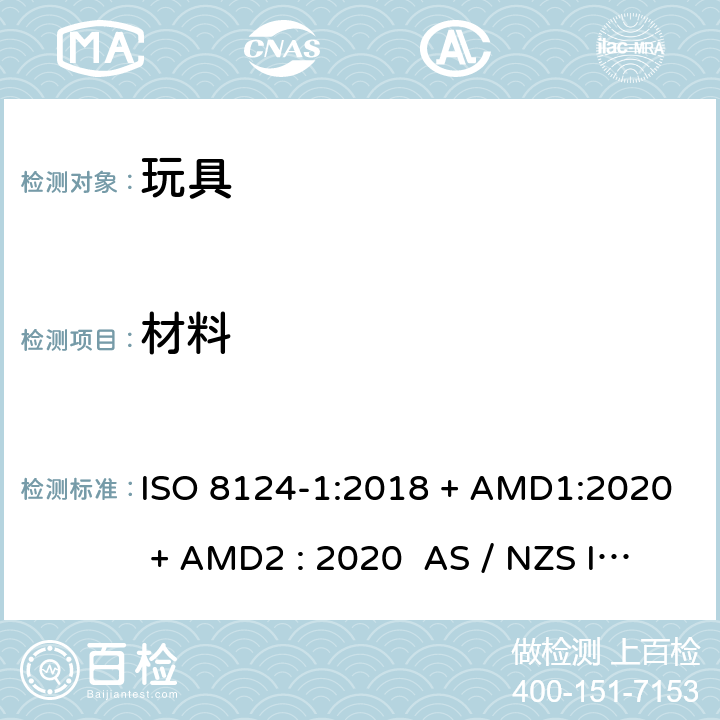 材料 玩具安全-第1部分:物理和机械性能 ISO 8124-1:2018 + AMD1:2020 + AMD2 : 2020 AS / NZS ISO 8124-1:2019 + AMD1:2020 + AMD2 : 2020 条款4.3