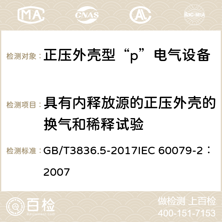 具有内释放源的正压外壳的换气和稀释试验 爆炸性环境　第5部分：由正压外壳“p”保护的设备 GB/T3836.5-2017IEC 60079-2：2007