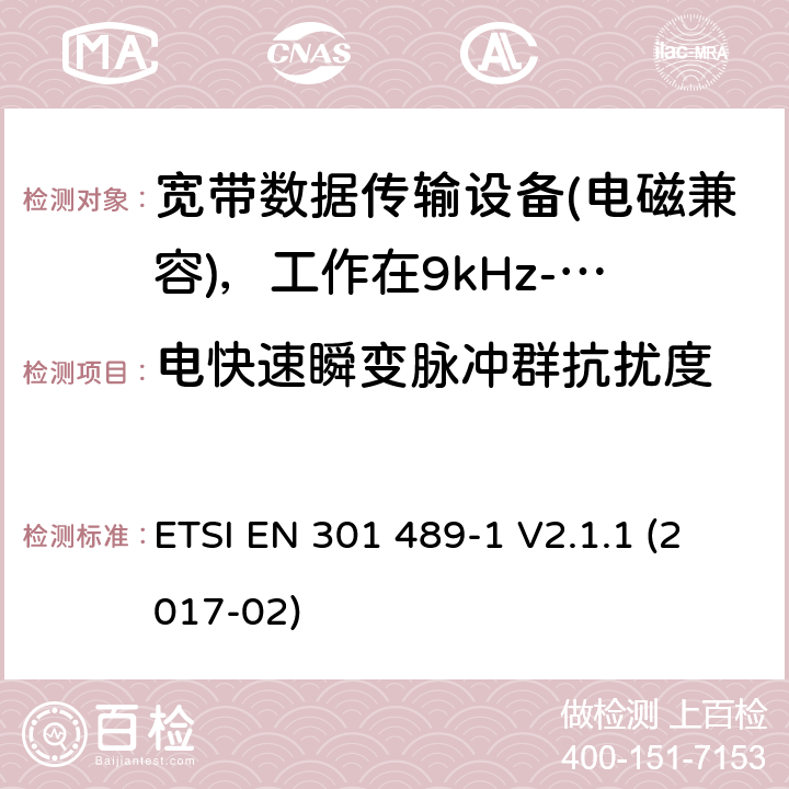 电快速瞬变脉冲群抗扰度 电磁兼容性及无线电频谱管理（ERM）; 射频设备和服务的电磁兼容性（EMC）标准；第1部分：通用技术要求 ETSI EN 301 489-1 V2.1.1 (2017-02) 9.4