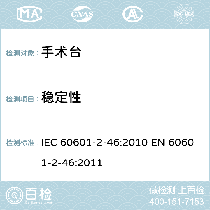 稳定性 IEC 60601-2-46 医用电气设备 第2-46部分: 手术台基本安全和基本性能专用要求 :2010 EN 60601-2-46:2011 201.9.4.2.2