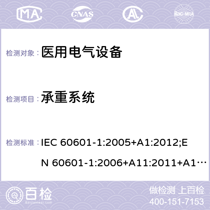 承重系统 医用电气设备 （基本安全和基本性能的通用要求） IEC 60601-1:2005+A1:2012;
EN 60601-1:2006+A11:2011+A1: 2013+A12:2014;
AS/NZS IEC 60601.1: 2015 9.8